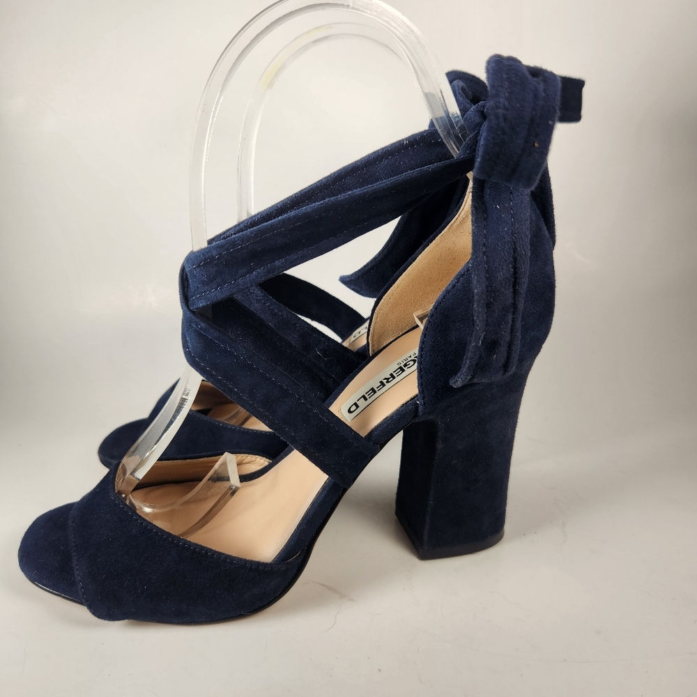 KARL LAGERFIELD Racha Shoe Womens 6 EU 36 Navy Block Heel Suede Event Date Nite - Picture 9 of 12